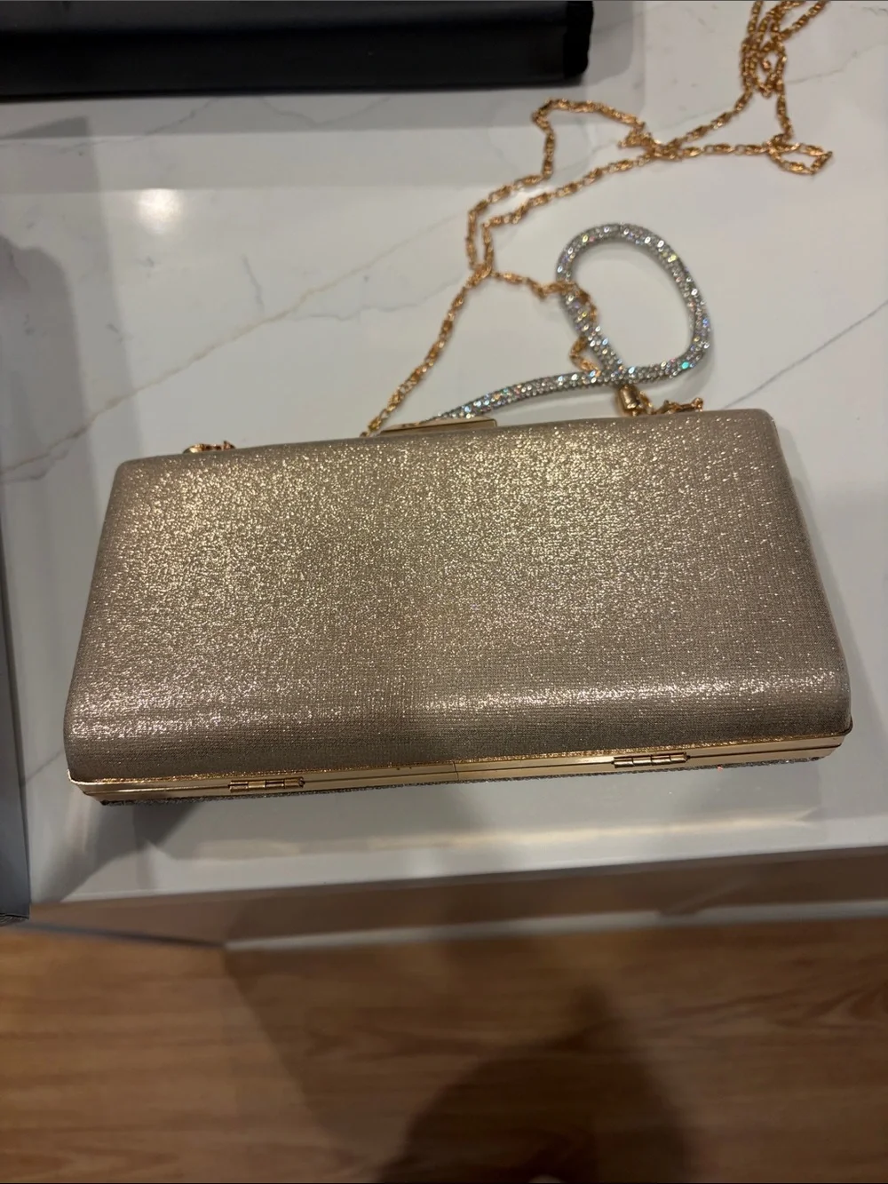Crystal-Embellished Silver Evening Clutch with Gold Chain